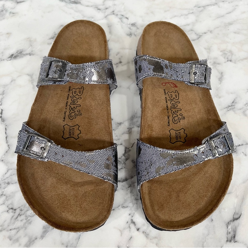 Birkenstock Sydney striped denim bronze/gold splatter, 41 reg/10